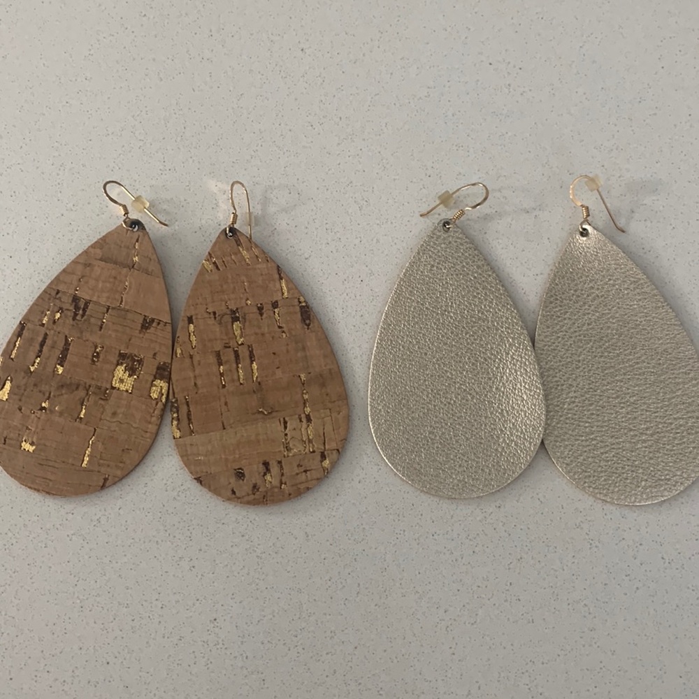 Nickel and Suede 2 pair of earrings. 1) gold cork 2) champagne pebble. Sz L
